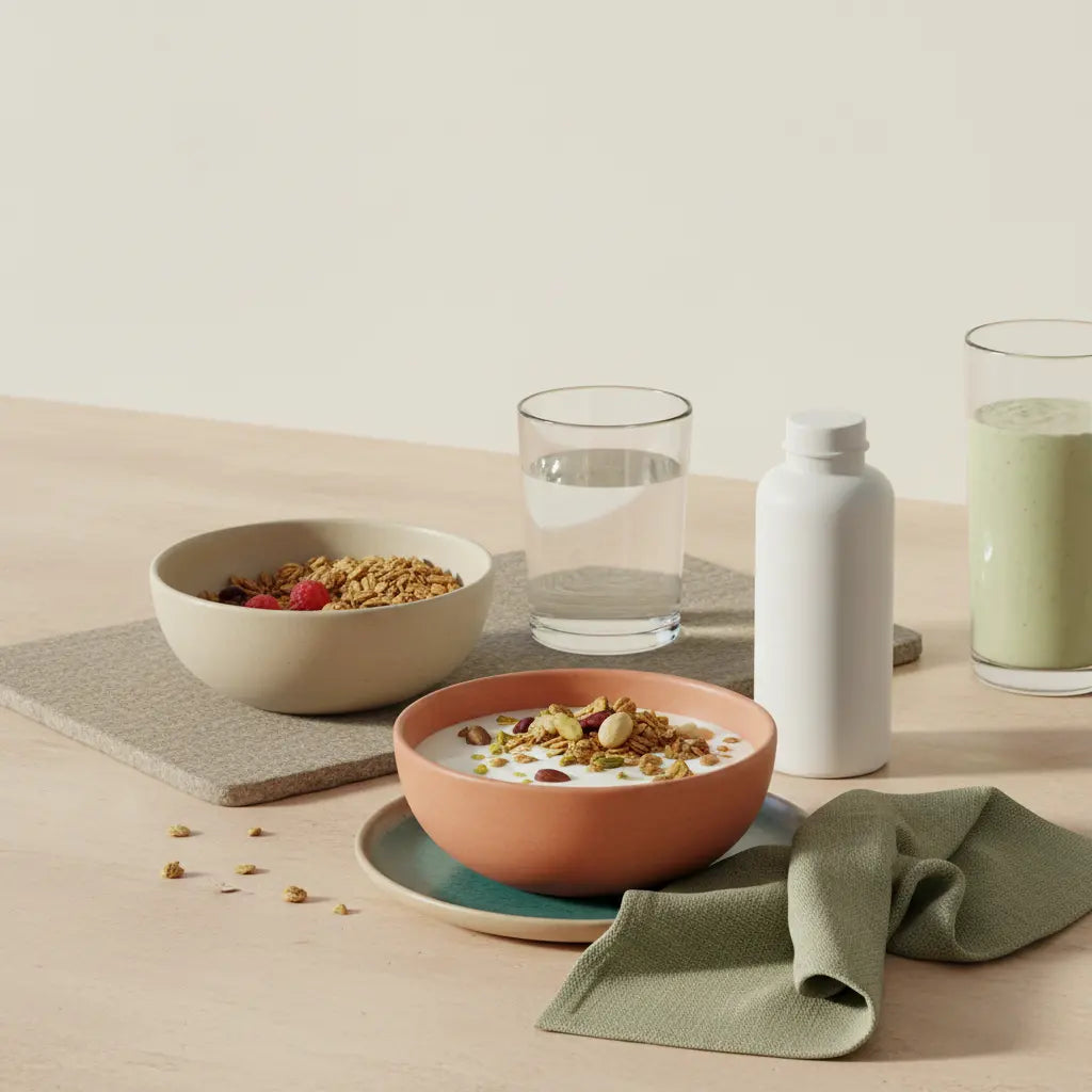 Minimalistisches Frühstück mit Granola, pflanzlichem Joghurt, Nüssen und Shake auf nachhaltigem Tisch – fokussiert auf pflanzliche Proteine in ruhiger Morgenstimmung.