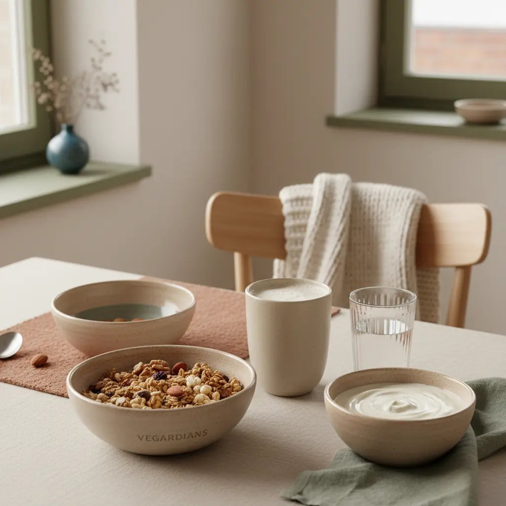 Minimalistischer Frühstückstisch mit Granola, Joghurt, Nüssen und einem pflanzlichen Proteinshake als Beispiel pflanzlicher proteinquellen; ruhige europäische Küche bei sanftem Morgenlicht.