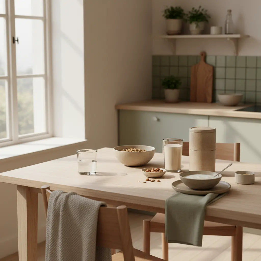 Minimalistisches Frühstück mit Granola, Joghurt, Nüssen und Proteinshake neben dem Produkt aus den Referenzfotos – pflanzliche proteinquellen, ruhige Morgenstimmung