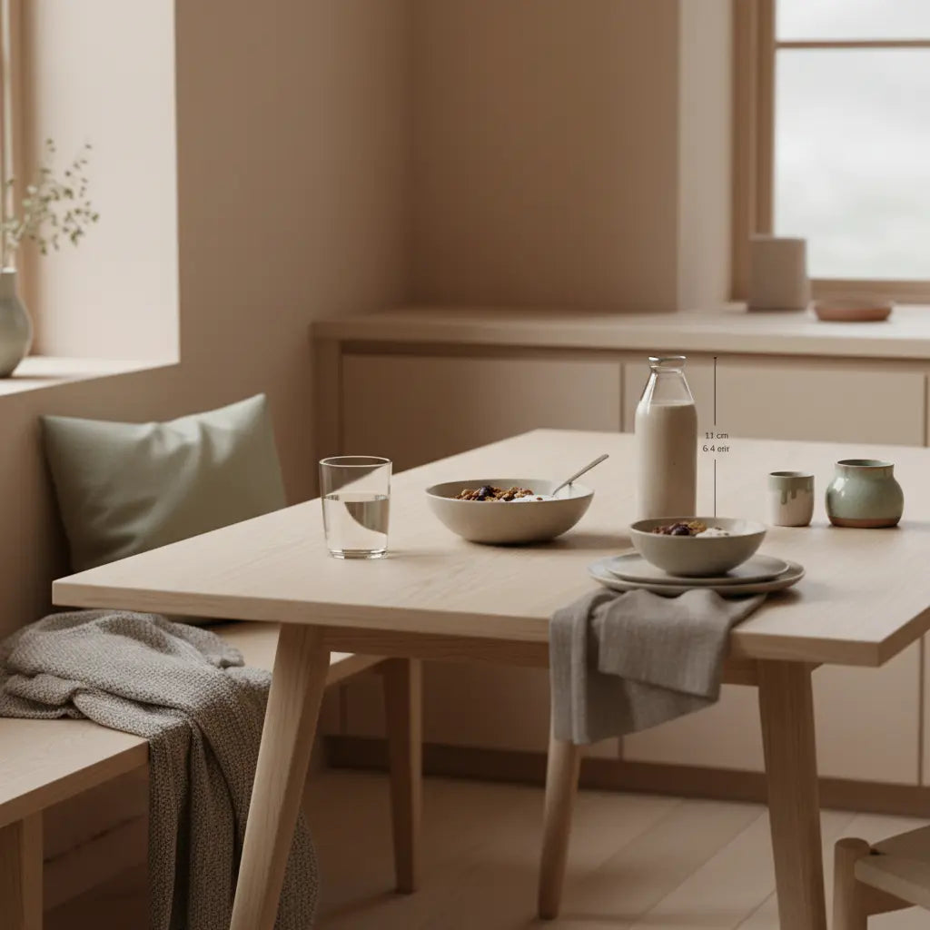 Veganes Frühstück mit Granola, pflanzlichem Joghurt, Nüssen und einem Shake auf einem minimalistischen Tisch – Fokus auf pflanzliches Protein, warme beige‑salbeigrüne Ästhetik