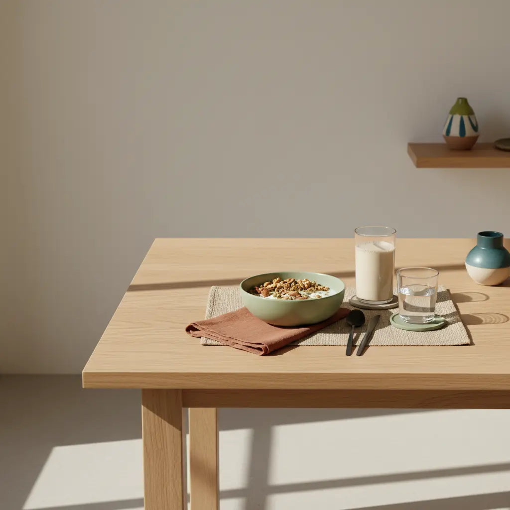 Minimalistische Frühstücksszene mit Granola, Joghurt, Nüssen und Shake in einer europäischen Küche, nachhaltige Texturen und Akzentfarben – plätzchen kalorien