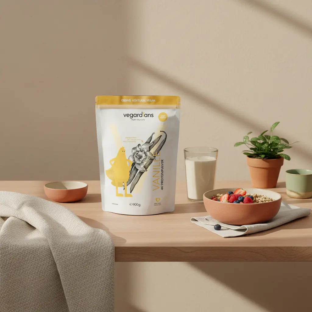 Minimalistische Küchenszene mit pflanzlichem Proteinpulver, Shake, Haferflocken und Nüssen zur Ernährungsunterstützung beim Po trainieren