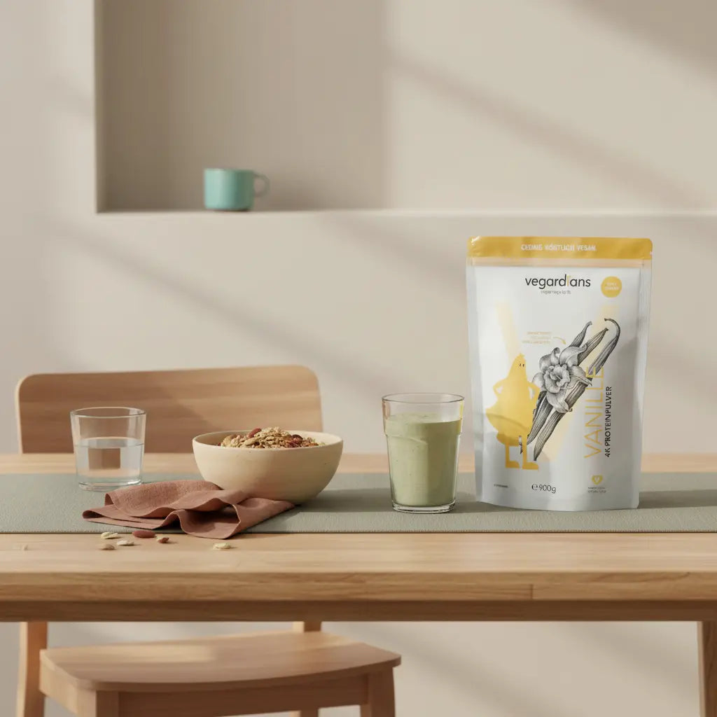 Minimalistische Küchenszene mit Glas Wasser, Müsli, Nüssen und Pre‑Workout‑Shake neben dem Produkt, sanftes Morgenlicht — pre workout einnahmezeit