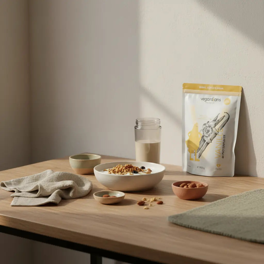 Minimalistisches Morgenfrühstück auf Holztisch mit pflanzlichem Joghurt, Müsli, Nüssen und neutralem Shake, Leinen- und Wolltexturen, Keramik in erdigen Tönen, ruhige Vegardians-Ästhetik, probiotika bauchfett