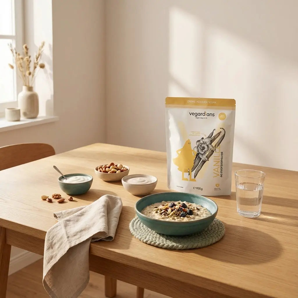 Minimalistische Frühstücksszene in sanftem Morgenlicht: Holztisch mit veganem Porridge, Keramikschale, Glas Wasser, Leinenakzenten und dem Produkt aus Referenzfotos. Protein pro kg Muskelaufbau