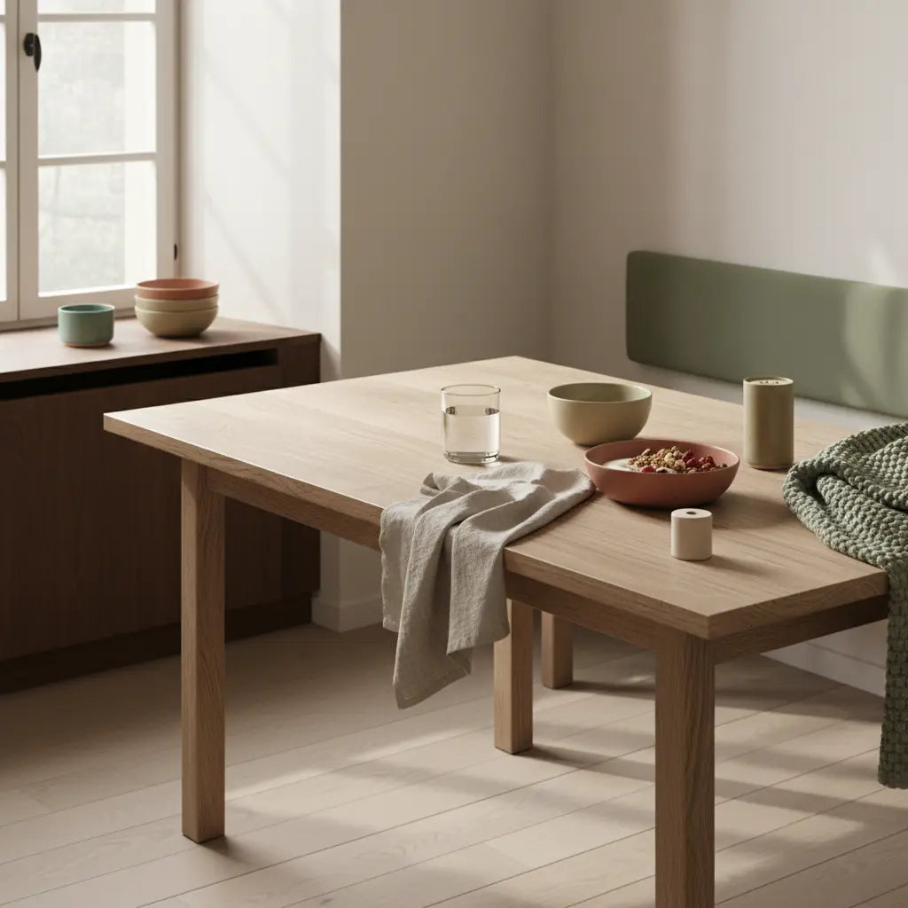 Minimalistisches Frühstück in europäischer Küche mit Granola, pflanzlichem Joghurt, Nüssen und Shake auf nachhaltigem Tisch – Thema Proteinbedarf