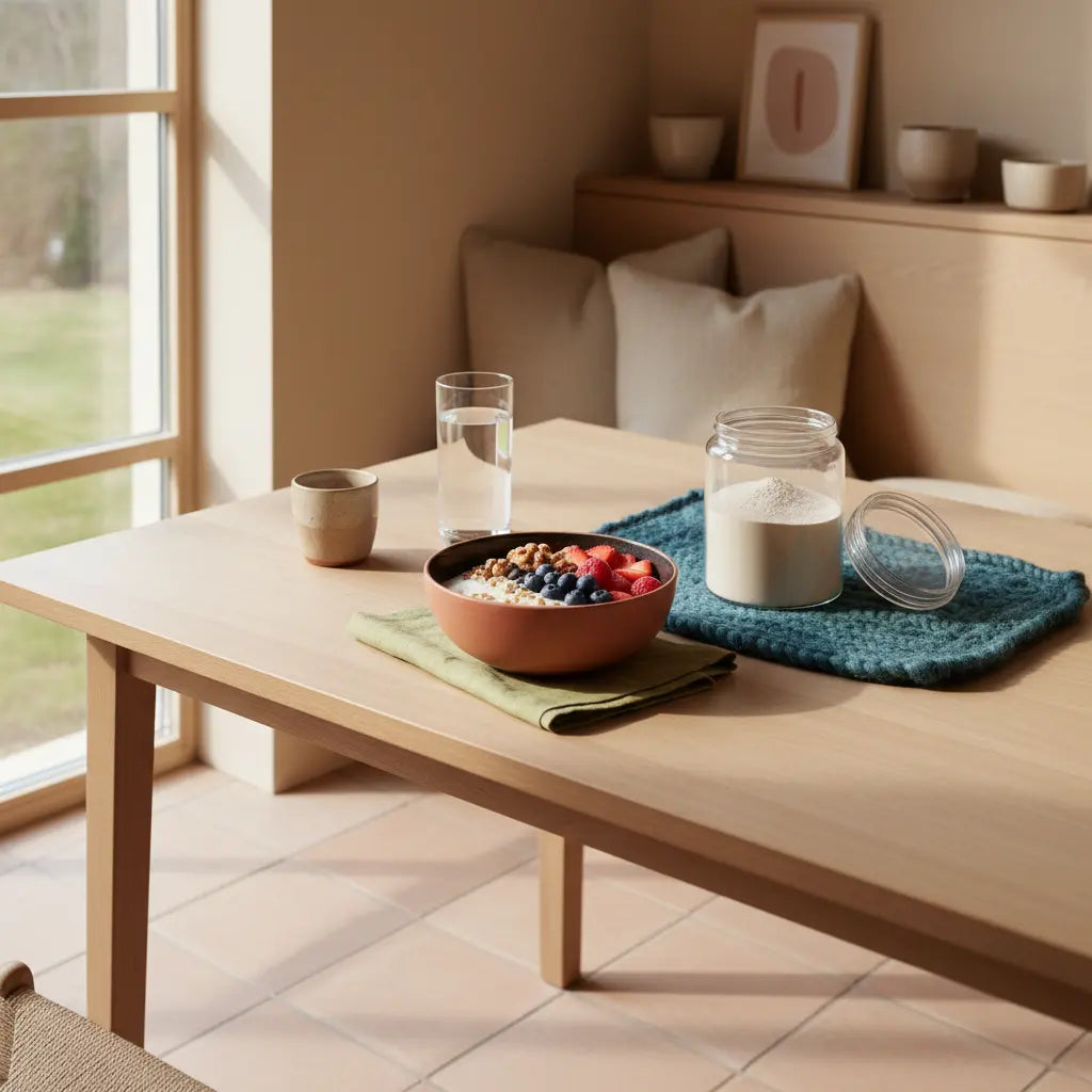 Minimalistisches Frühstück in europäischer Küche: offenes Glas mit Pflanzeneiweißpulver neben Hafer‑Joghurt, Nüssen und Beeren auf nachhaltigem Holztisch – proteinpulver abnehmen