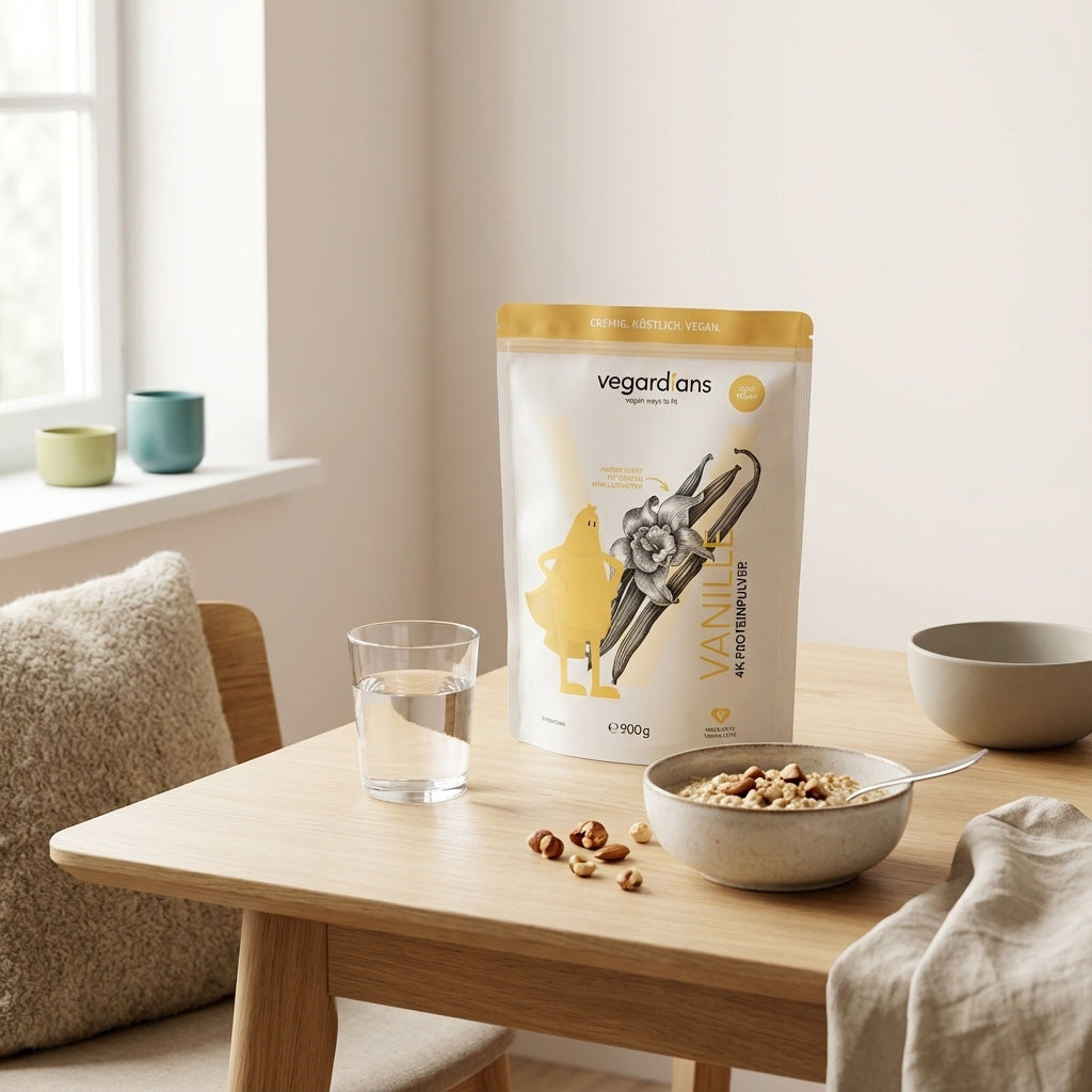 Vegardians Frühstücksszene: nachhaltiger Holztisch mit Glas Wasser, Hafermüsli, Nüssen und Shake – bewusstes Frühstück mit proteinpulver für muskelaufbau.