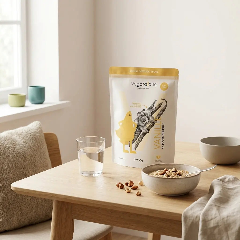 Vegardians Frühstücksszene: nachhaltiger Holztisch mit Glas Wasser, Hafermüsli, Nüssen und Shake – bewusstes Frühstück mit proteinpulver für muskelaufbau.