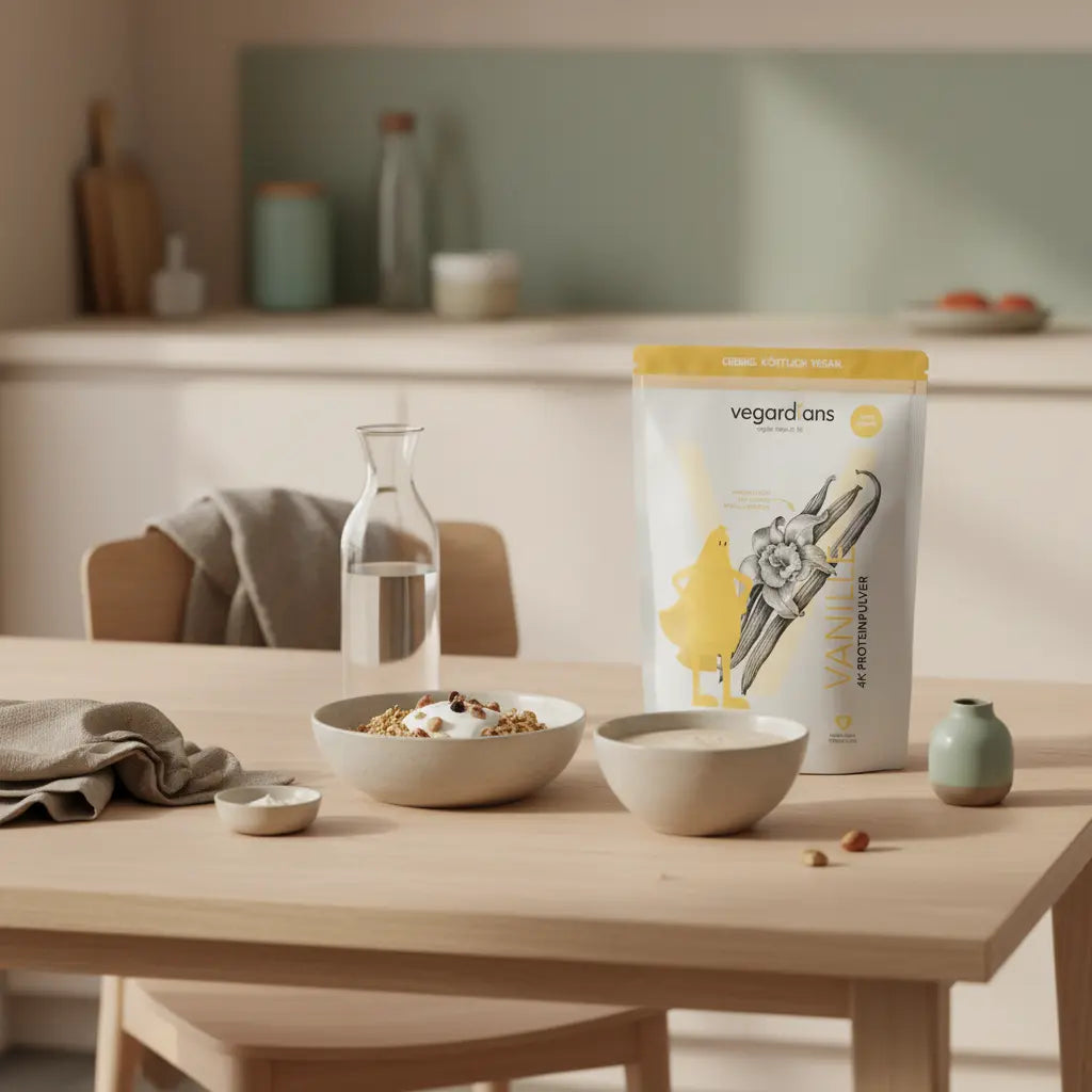 Minimalistische europäische Küchenaufnahme am Morgen mit Müsli, pflanzlichem Joghurt, Nüssen, Wasserflasche und Shake auf einem Holztisch – proteinreiche Mahlzeiten