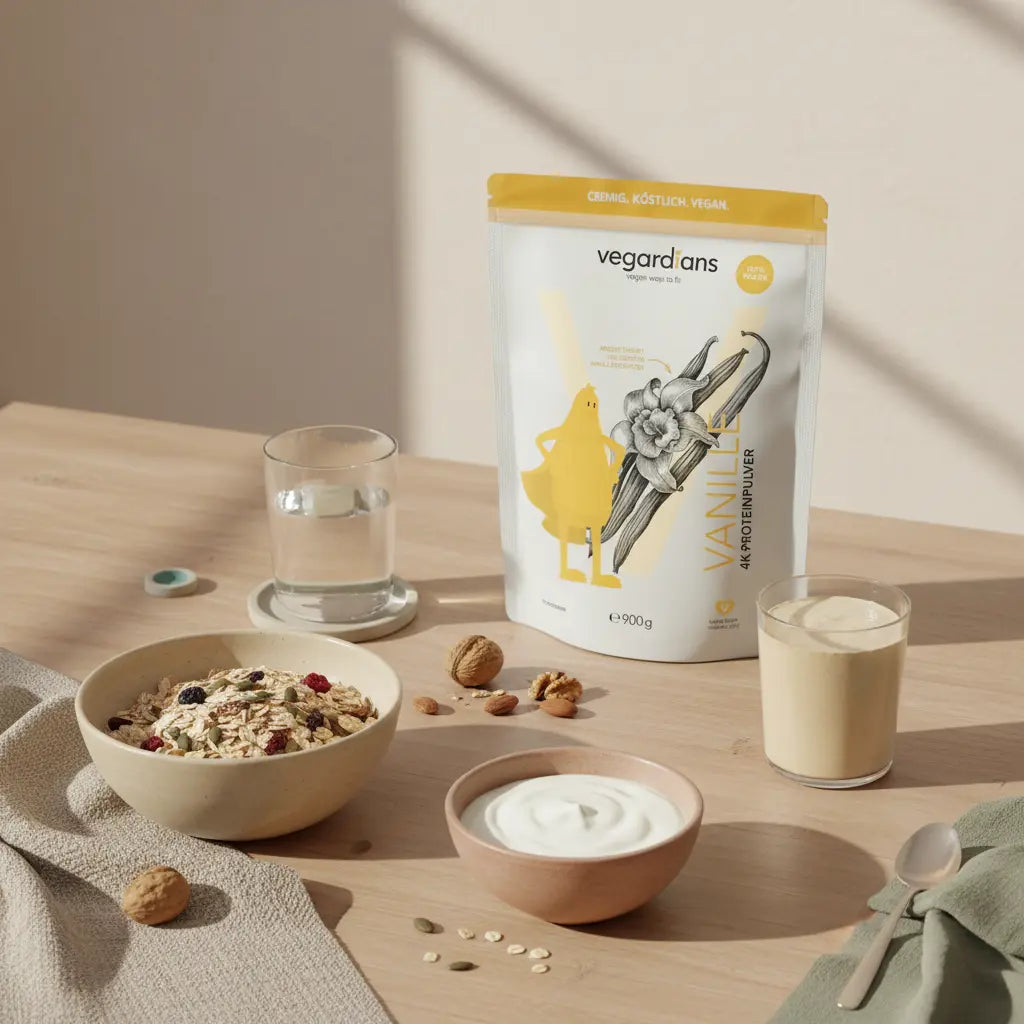 Minimalistische Morgenszene: Holztisch mit Müslischale, Glas Wasser, veganem Shake und dem Produkt aus den Referenzfotos in erdigen Tönen, proteinshakes die satt machen