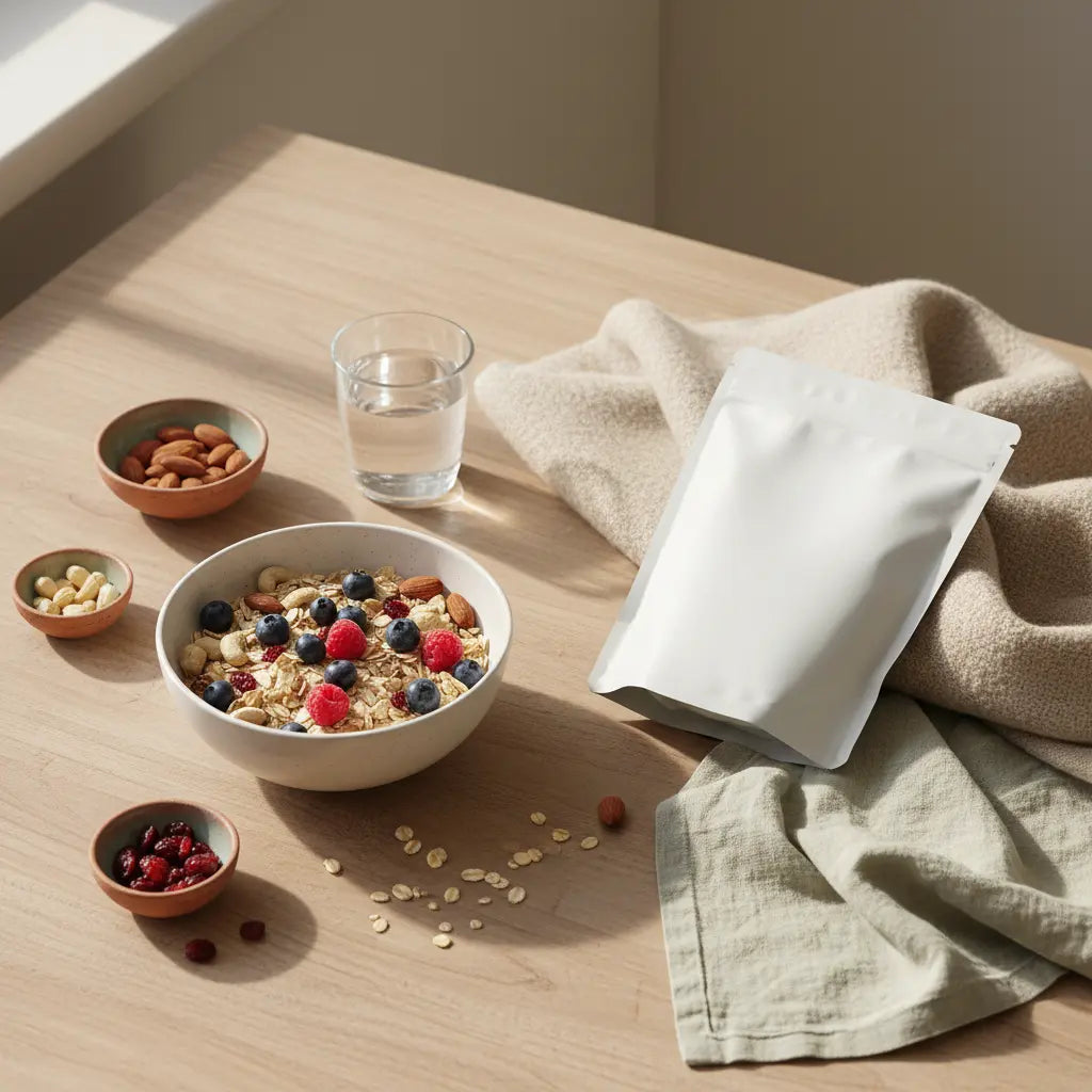 Minimalistische europäische Küchenszene mit Müsli, Glas Wasser und Proteinshake auf Holztisch im Morgenlicht – Proteinshakes zum Abnehmen