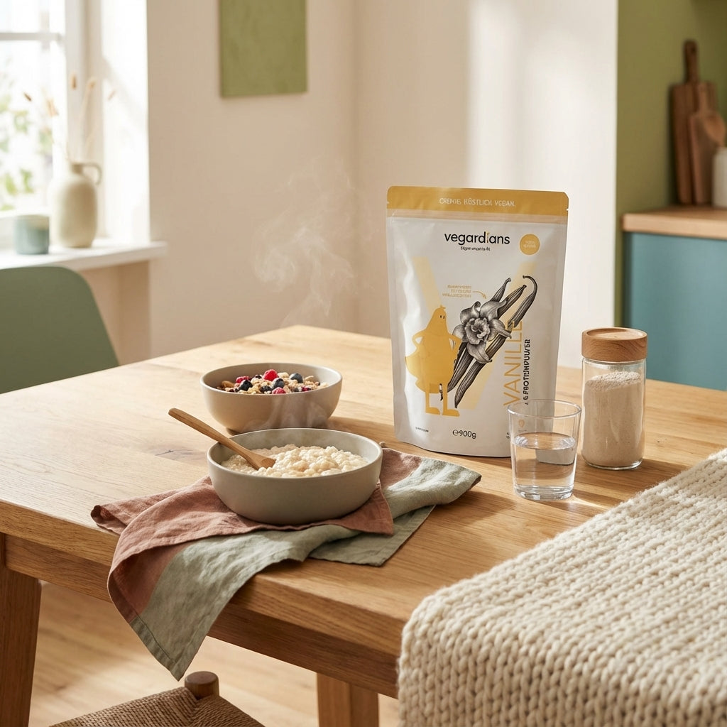 Minimalistische europäische Küchenaufnahme: Holztisch mit Keramikschale Reispudding, Müsli, Glas Wasser und neutralem Shaker im sanften Morgenlicht