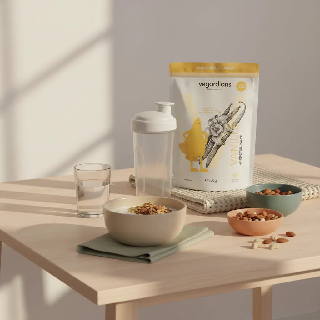 Minimalistische Frühstücksszene in europäischer Küche: vegane Müsli-Schale, Glas Wasser, Nüsse und das Produkt (rezeptfreie abnehmpillen) im warmen Morgenlicht, ruhige, nährende Atmosphäre.