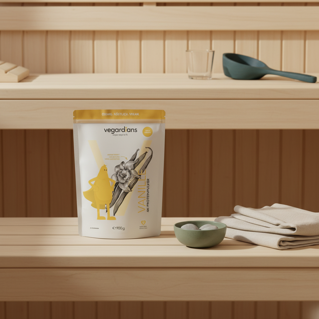 Minimalistische Sauna-Fitness-Szene: Vegardians-Produkt auf Holzbank im sanften Morgenlicht, klare Markenfarben #F7EDE6 und #B0BF71, ruhige, aufgeräumte Atmosphäre. Sauna Fitness