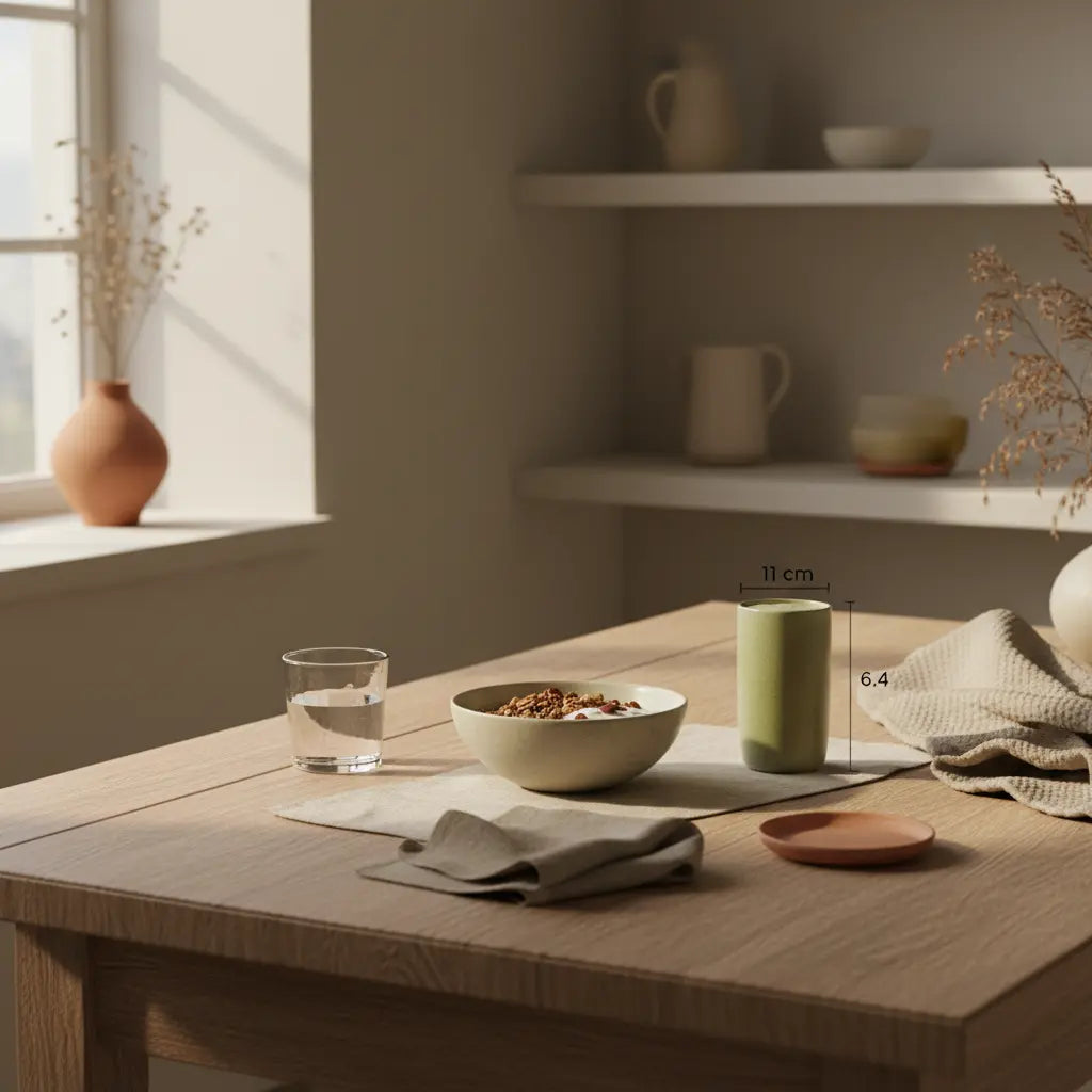 Minimalistisches Morgenszenario: Granola mit pflanzlichem Joghurt, Nüsse und Shake auf nachhaltig gedecktem Tisch mit dem Produkt aus Referenzfotos – Frühstück zum schnell fit werden