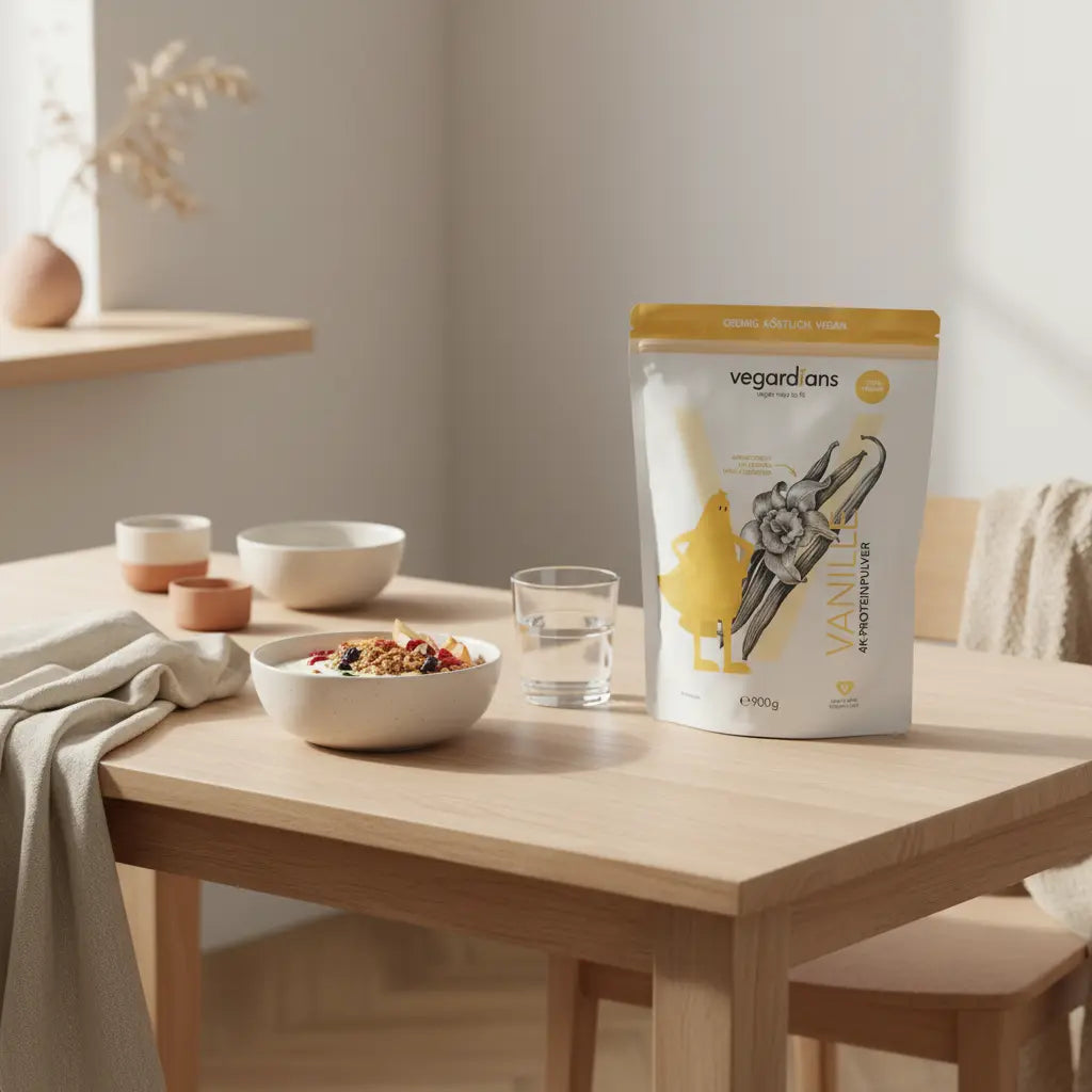 Minimalistische Morgen-Küchenszene mit veganer Proteinfrühstücksschale, Glas Wasser und geschlossenem Produkt auf Holztisch – schnell muskeln aufbauen