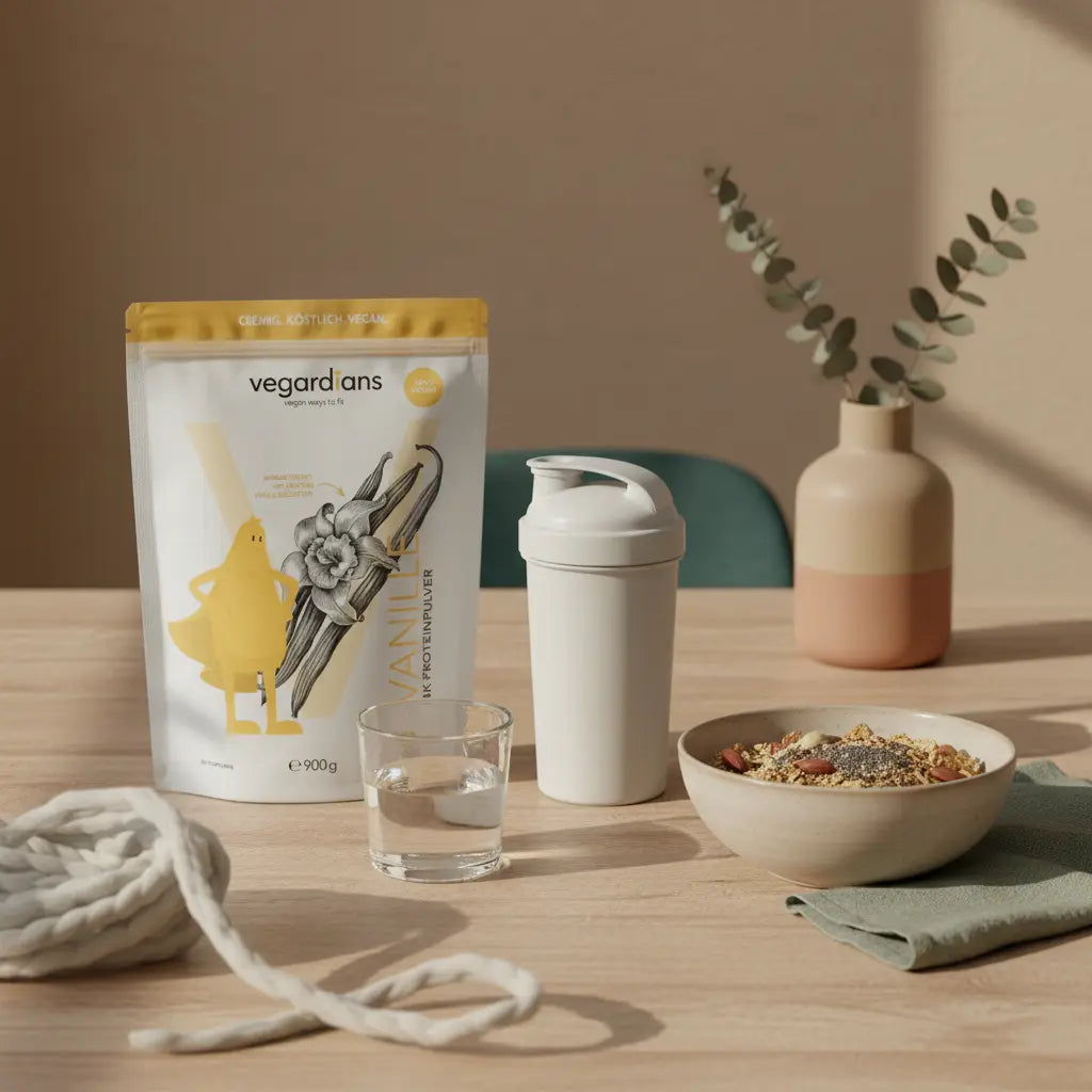 Minimalistische Frühstücksszene in europäischer Küche mit nachhaltigem Holztisch, Glas Wasser, Schale Müsli, Nüssen und dem Produkt aus den Referenzfotos – sind pre-workout booster sinnvoll