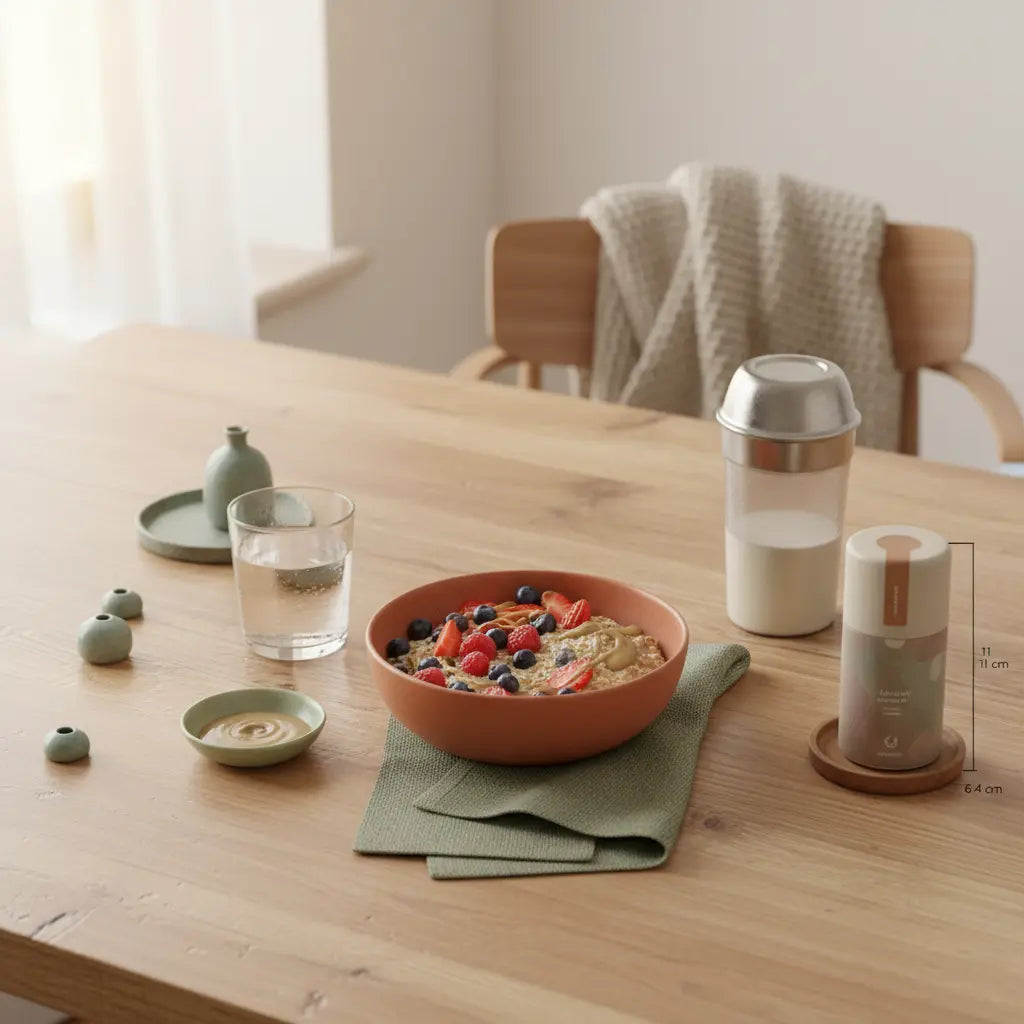 Minimalistische europäische Küchenansicht mit Sirtfood-Bowl (Hafer, Beeren, Tahini), Glas Wasser und Proteinshake auf Holztisch vor hellem Hintergrund #F7EDE6, Salbei-Akzente #B0BF71.