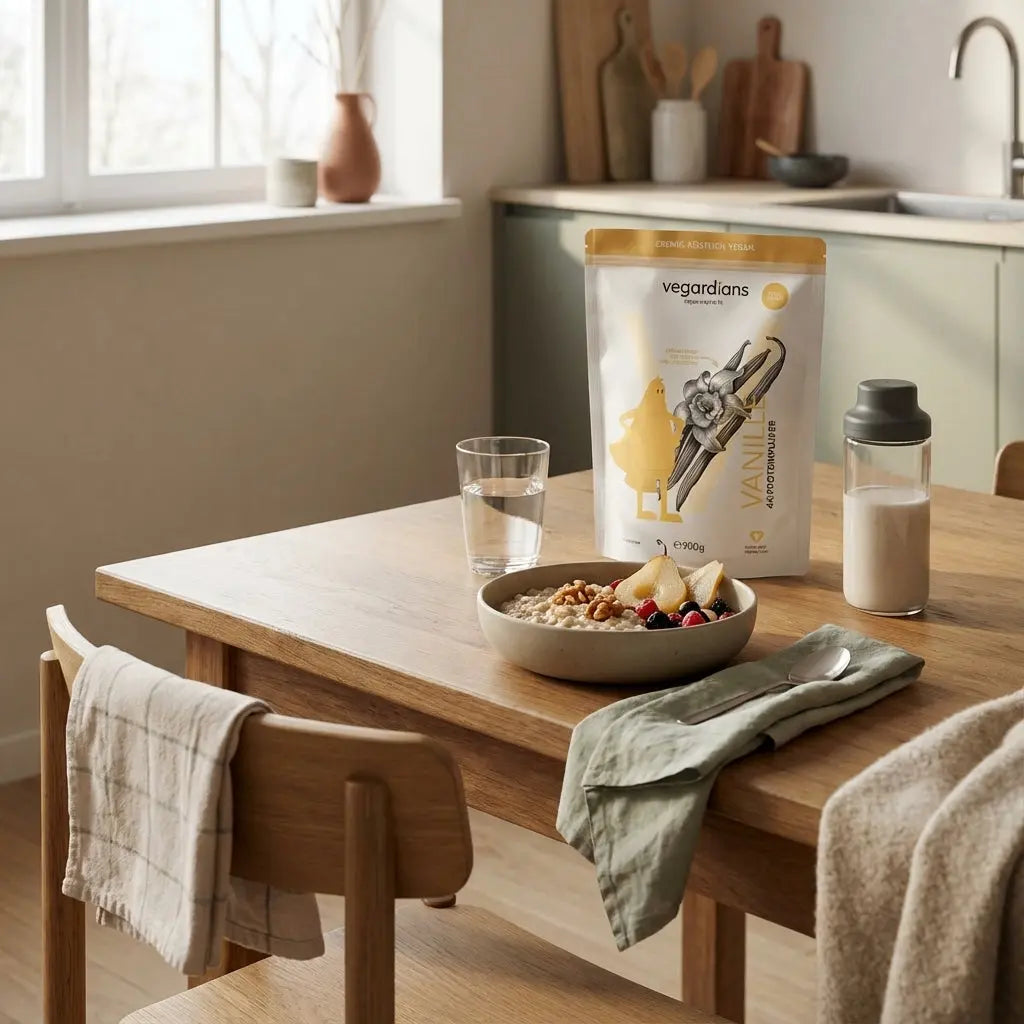 sit-to-stand übung senioren: ruhige morgendliche Wohnküche mit Esstisch, Glas Wasser, Haferbrei mit Nüssen und Shake, minimalistisches nachhaltiges Setting in Beige und Salbei