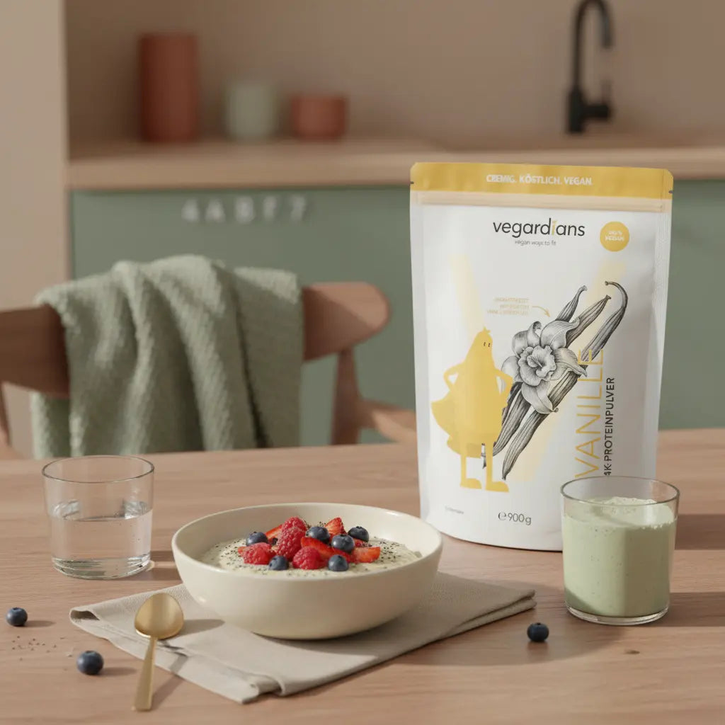 Minimalistische Morgen-Küchenszene mit veganem Porridge, Shake, Wasserglas und dem Produkt aus den Referenzfotos auf Holztisch — Sixpack Ernährung, erdige Farbpalette, sanftes Licht