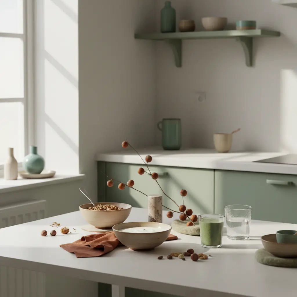 Minimalistisches Frühstück in europäischer Küche mit Granola, pflanzlichem Joghurt, Nüssen, Shake und Produkt aus Referenzfotos, SMART Ziele Fitness