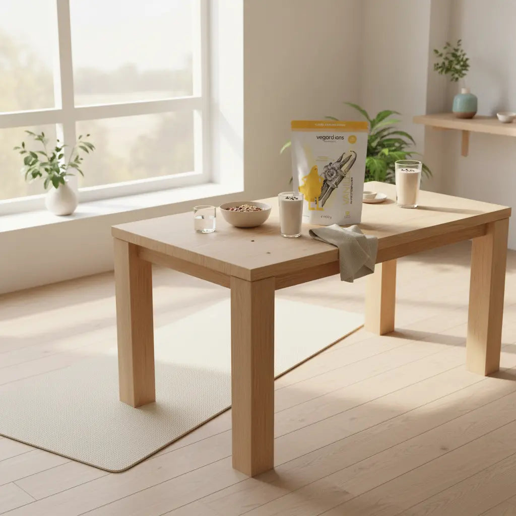 Helle Wohnküche am Morgen mit Yogamatte neben Esstisch, Glas Wasser, Schale Haferflocken und proteinreichem Shake; ruhige Naturtöne, Produkt aus Referenzfotos sichtbar — sport für anfänger