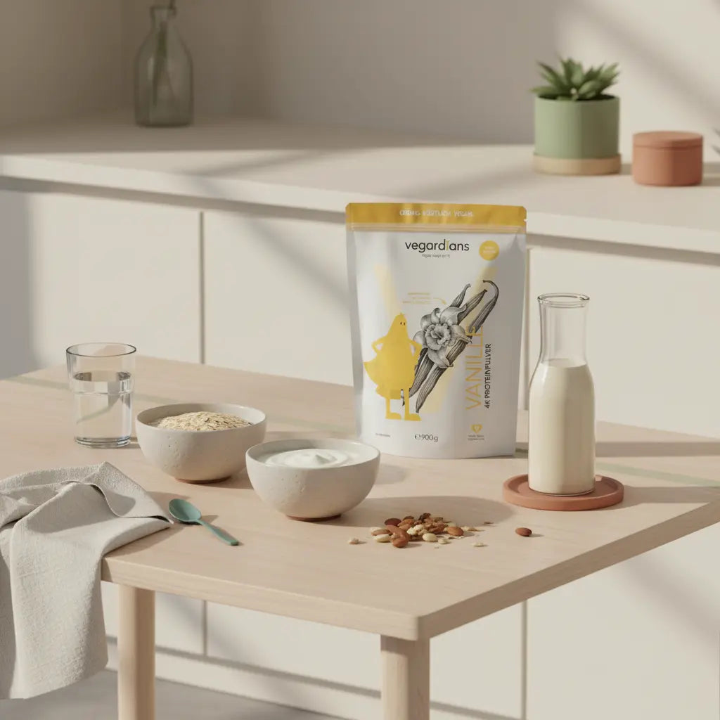 Minimalistisches Frühstück mit Haferflocken, pflanzlichem Joghurt, Nüssen und Shake auf nachhaltigem Holztisch in ruhiger Morgenstimmung – Sporternährung.