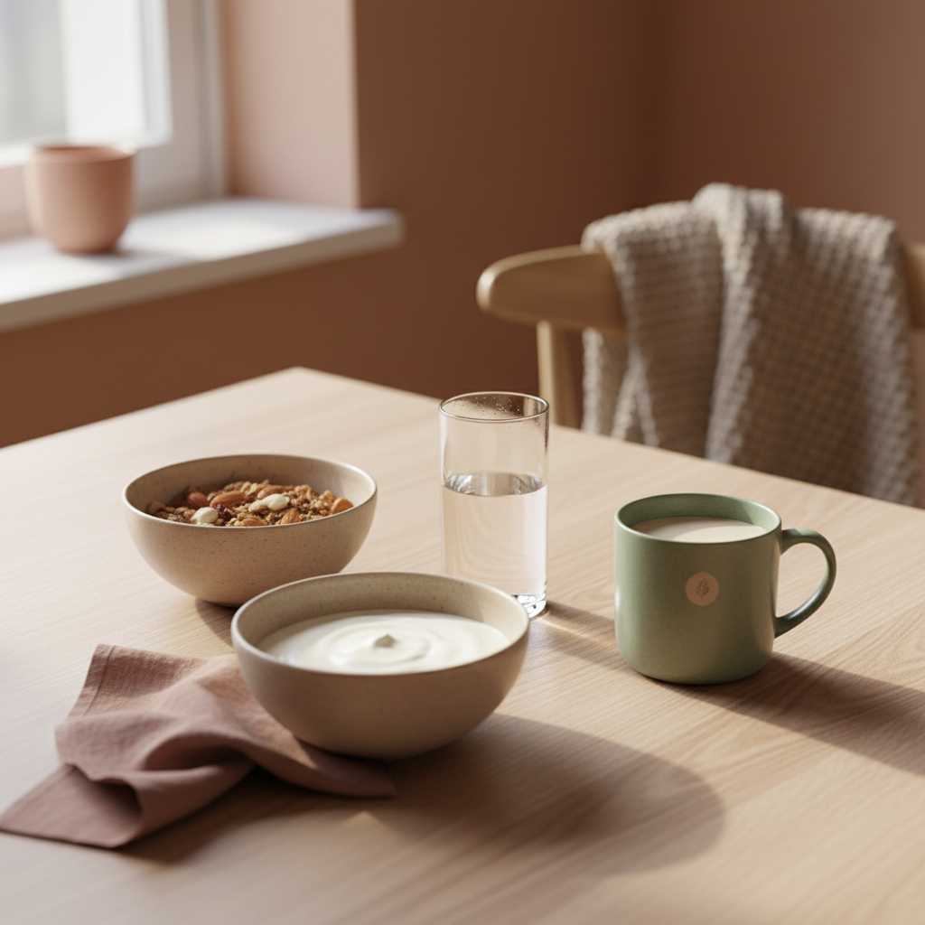 Minimalistisches Frühstück in europäischer Küche mit Granola, pflanzlichem Joghurt, Nüssen und Shake vor Hintergrund #F7EDE6 – Achtsamkeit und Ernährung bei starker eisenmangel