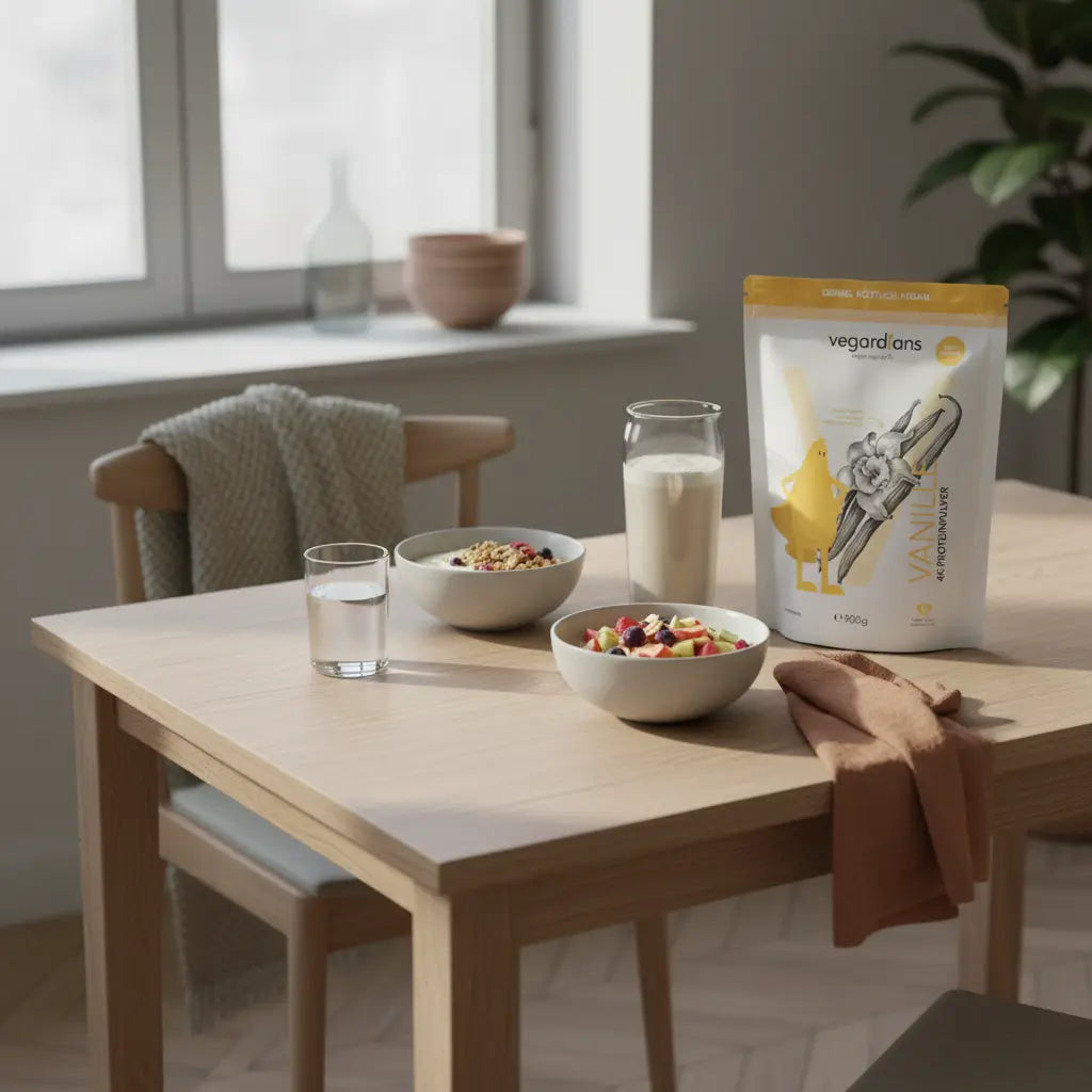 Veganes Morgenfrühstück mit Müsli, Joghurt, Nüssen und Proteinshake auf nachhaltigem Tisch – bewusstes Ritual zum stoffwechsel ankurbeln