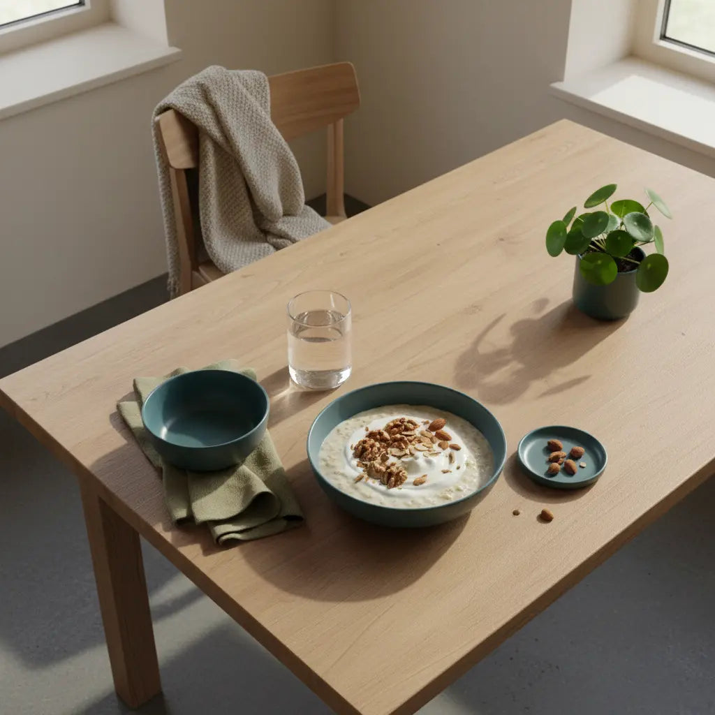 Europäische Küchenszene bei Morgenlicht mit veganer Protein-Schüssel, Glas Wasser und nachhaltigem Holztisch – stoffwechsel ankurbeln