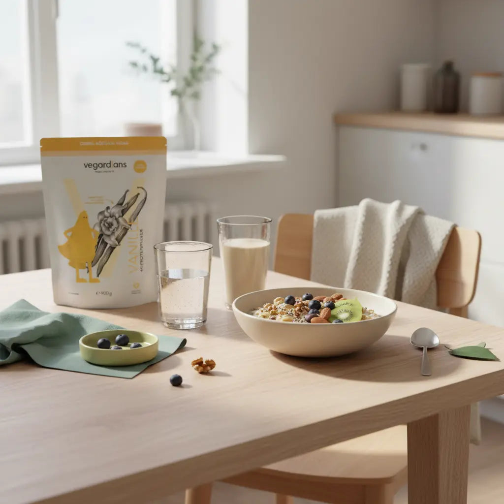 Veganes Frühstück mit Hafer, Nüssen und Shake auf nachhaltigem Holztisch neben Produkt – Stoffwechsel ankurbeln im sanften Morgenlicht
