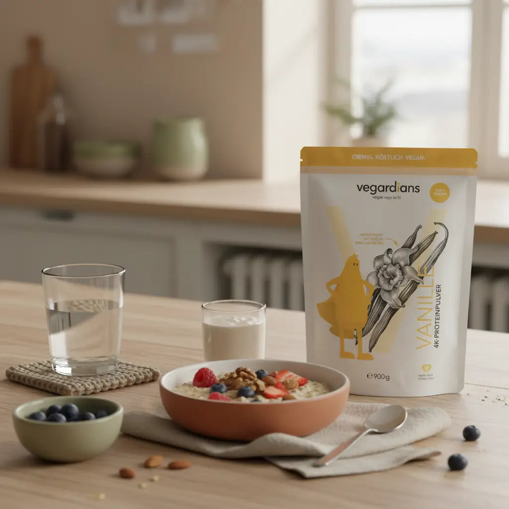 Minimalistische Morgenaufnahme mit Haferbrei, Nüssen, Beeren, kleinem Proteinshake und dem Produkt aus den Referenzfotos auf Holztisch – stoffwechsel anregen im alter