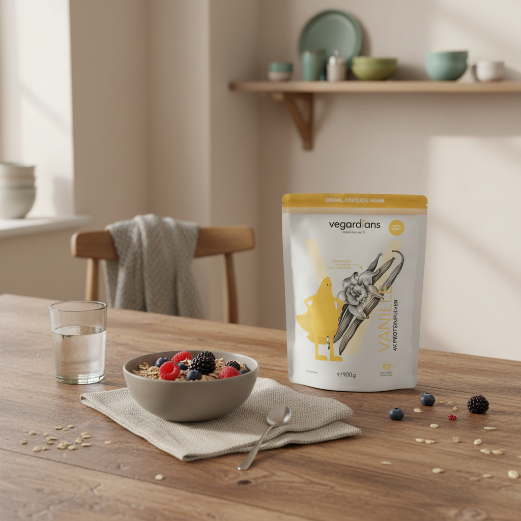 Minimalistisches Frühstück mit Müsli, Glas Wasser und geschlossenem Glas pflanzliches Proteinpulver auf rustikalem Tisch – Stoffwechsel anregen