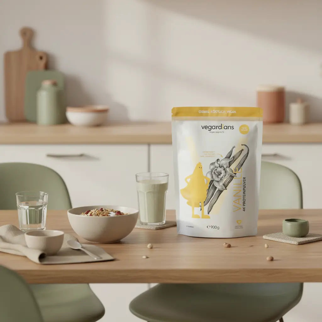 Minimalistisches Frühstück in sanftem Morgenlicht mit veganem Müsli, Joghurt, Nüssen, Shake und einem Produkt aus den Referenzfotos – Thema Stoffwechselkiller