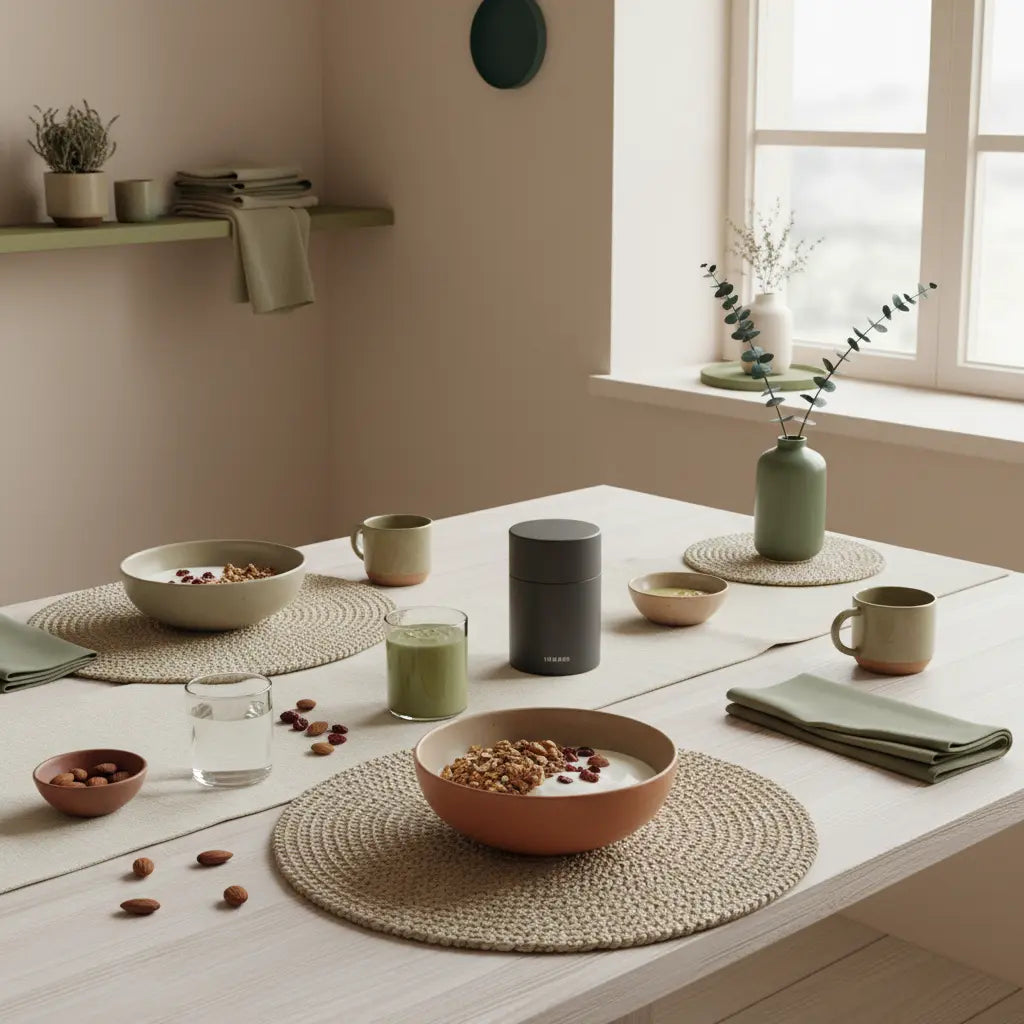 Minimalistisches Vegardians-Frühstück: vegane Granola mit Joghurt, Nüssen und Shake auf nachhaltigem Tisch in ruhiger Morgenstimmung, Superfood.