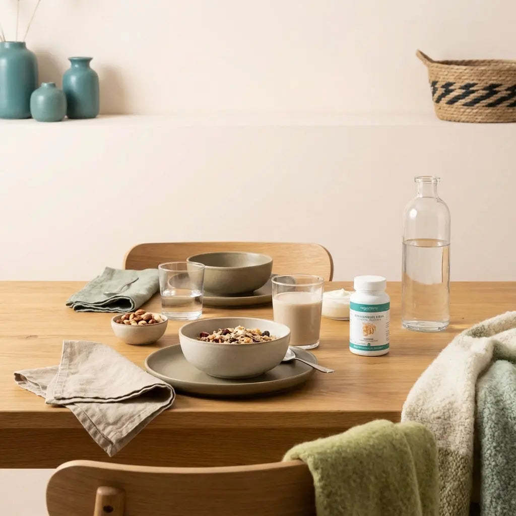 Minimalistisches veganes Frühstück mit Müsli, Joghurtalternative, Nüssen, Proteinshake und Vegardians-Produkt auf Holztisch im Morgenlicht – Supplemente für Frauen, ruhige Küchenatmosphäre