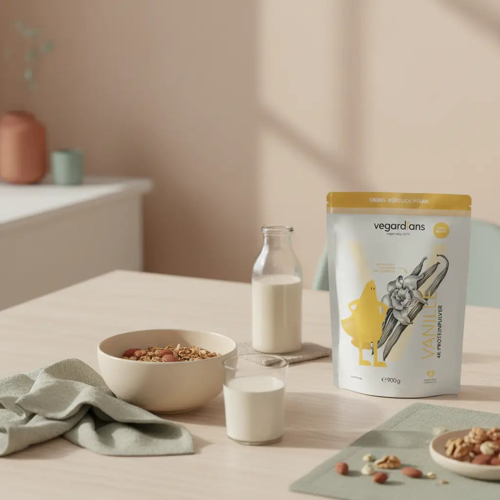 Veganes Frühstück auf nachhaltigem Holztisch mit Müsli, Nüssen, Pflanzendrink und supplements für Muskelaufbau-Produkt in ruhiger europäischer Morgenküche, naturtöne