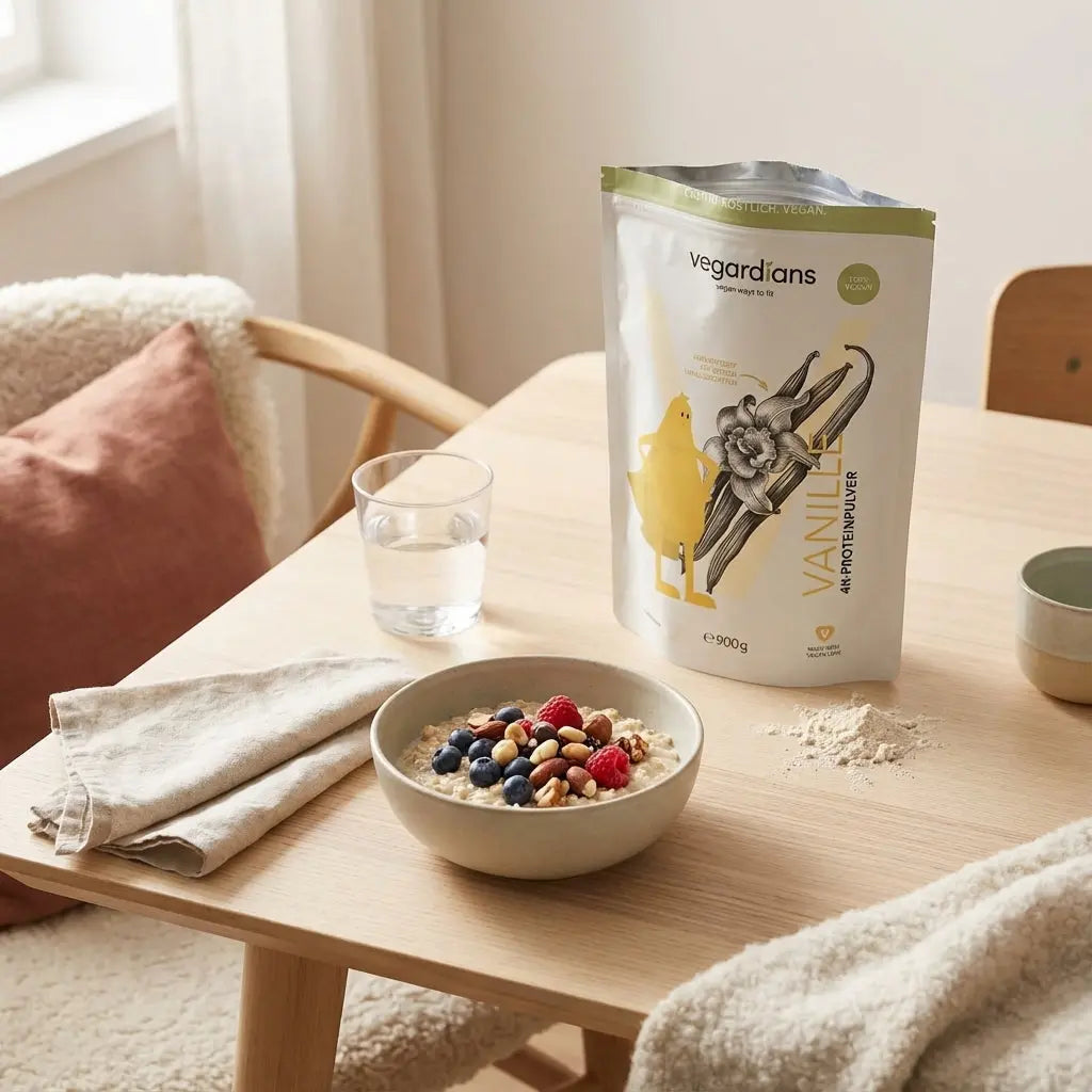 Minimalistisches Frühstück mit Müsli, Beeren, Nüssen, Glas Wasser und geöffnetem Produktdöschen auf Holztisch im sanften Morgenlicht – tagesplan abnehmen