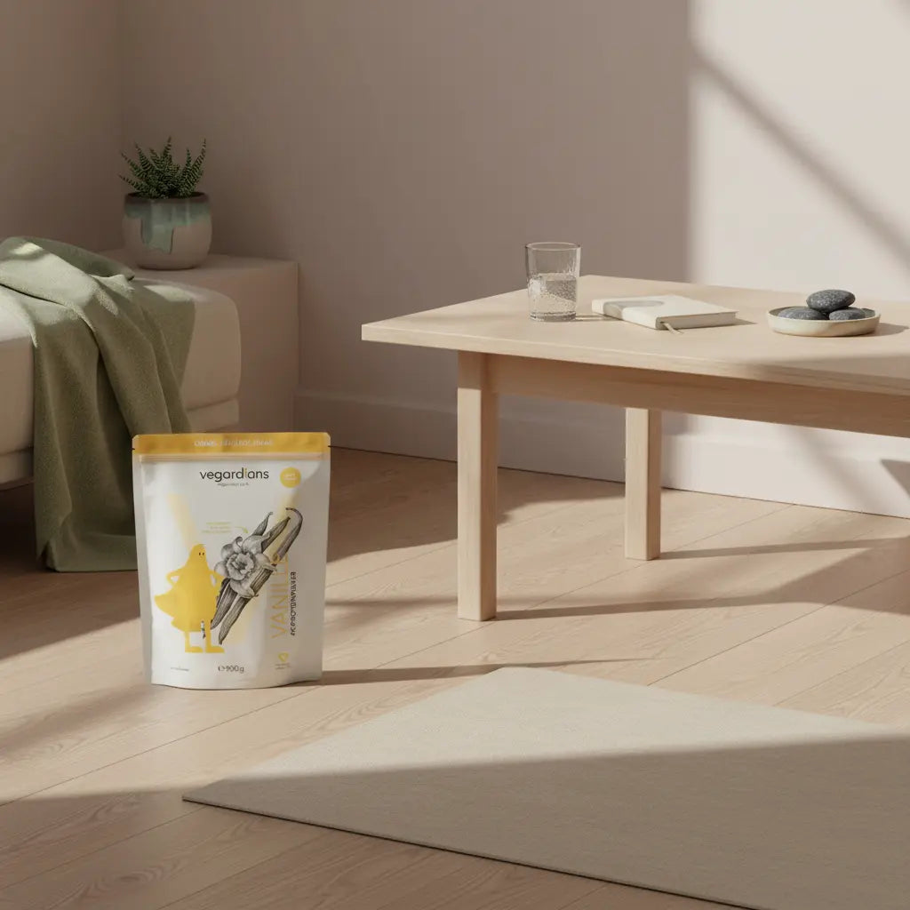 Sonnendurchflutete, minimalistische Yoga-Ecke mit ausgerollter Matte, Holztisch, Glas Wasser und geschlossenem Notizbuch, bereit für täglich muskeln trainieren.