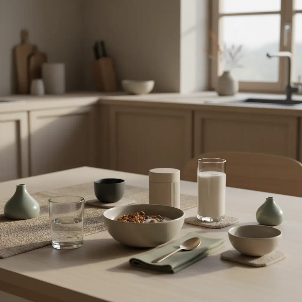 Minimalistisches Morgenfrühstück mit Granola, Joghurt, Nüssen, Shake und Glas Wasser auf nachhaltigem Tisch — nährende Szene für tägliche Gewohnheiten.