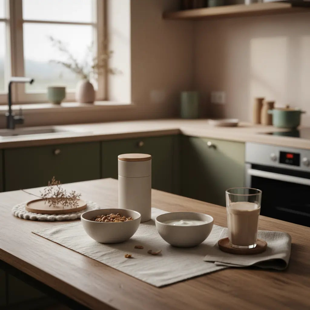 Minimalistisches Frühstück mit Granola, Joghurt, Nüssen und Proteinshake in einer europäischen Küche im Morgenlicht, nachhaltiges Setting, tierische Proteinquellen.