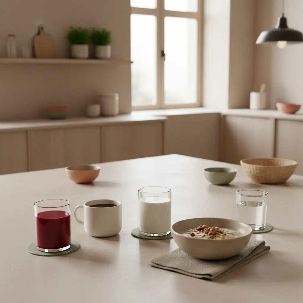 Minimalistisches Frühstück mit Glas Rote‑Bete‑Saft, Kaffee, Proteinshake und Haferflocken auf nachhaltigem Tisch – stilvolles Vegardians-Setup, trainingsbooster sichtbar.