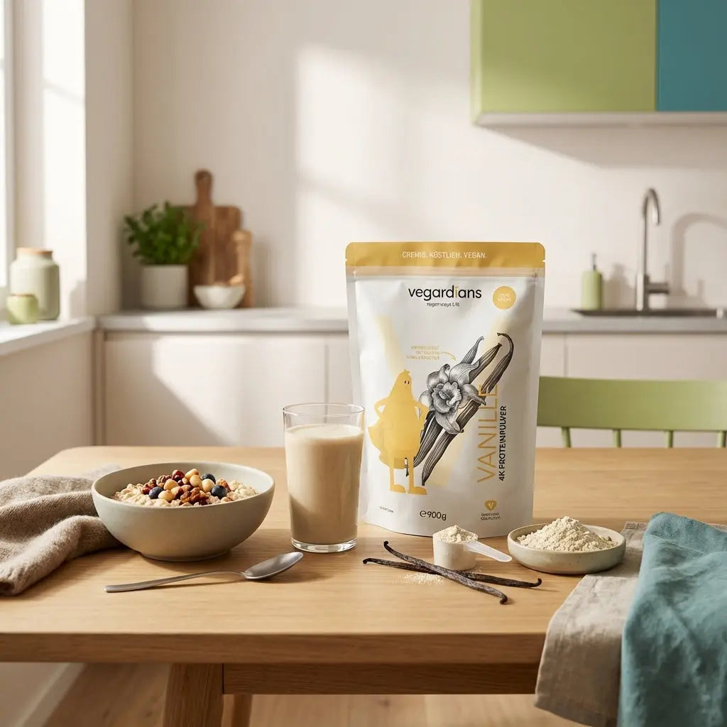 Minimalistische Küchenszene mit Proteinshake, Hafer mit Nüssen und Beeren sowie Proteinpulver in Schale, ruhiges Morgenlicht und nachhaltige Ästhetik – Trainingsfrequenz