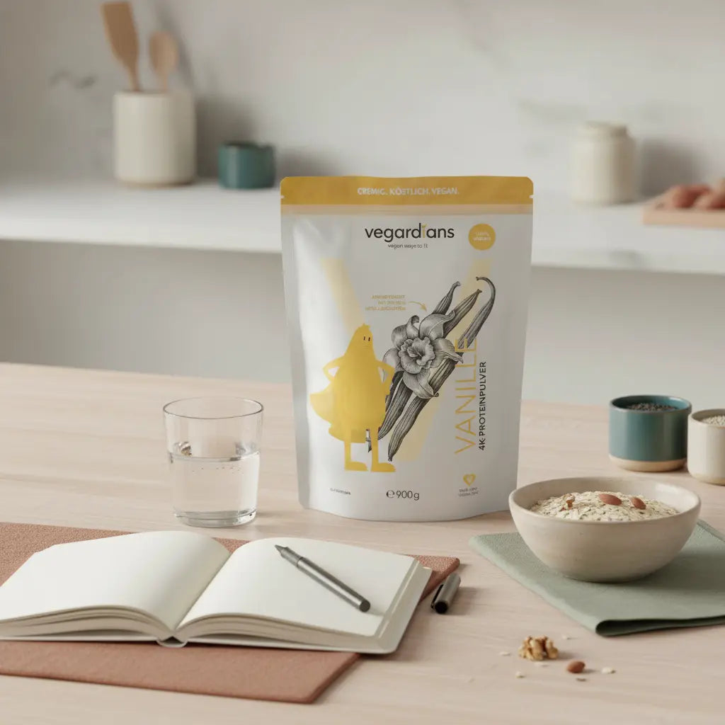 Holztisch mit geordneter Trainings-Notiz, Glas Wasser, geschlossener Proteinbehälter und Schale Haferflocken im sanften Morgenlicht – trainingsplan erstellen, minimalistische Alltagsszene