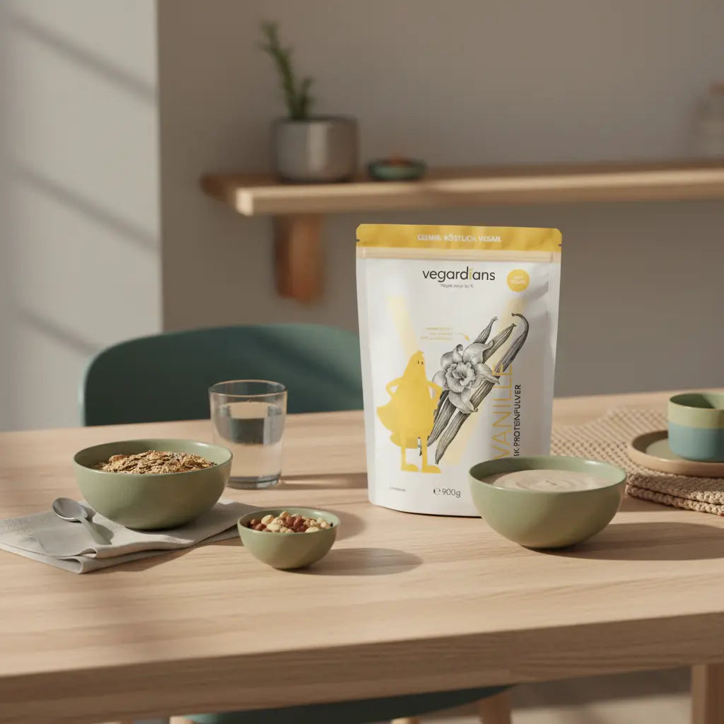 Minimalistische Morgen-Küche: nachhaltiger Holztisch mit Müsli, Nüssen, Glas Wasser und neutralem Proteinshake, Woll- und Leinenakzente in Beige, Salbei und Terrakotta — über Nacht Gewicht verlieren