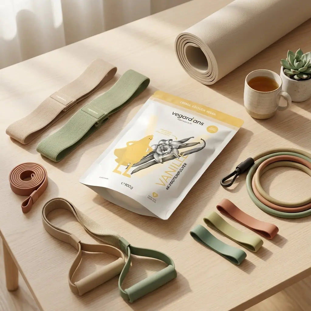 Flatlay mit verschiedenen Widerstandsbändern, Matte, Keramikbecher und Pflanze auf hellem Holztisch im Morgenlicht, natürliche Texturen und ruhige Stimmung – übungen mit bändern