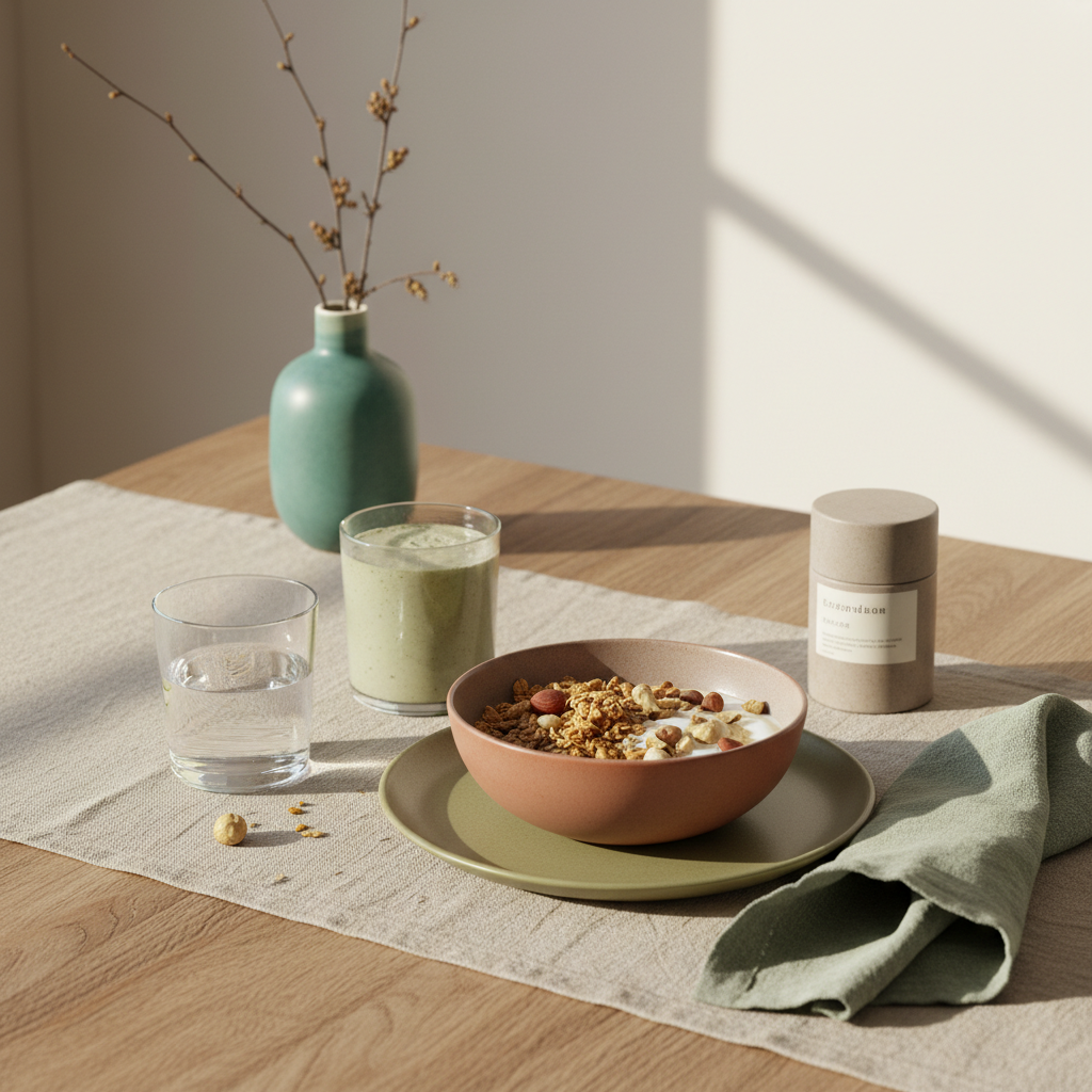 Vegan abnehmen Frühstück: minimalistischer Tisch mit Granola, pflanzlichem Joghurt, Nüssen und Shake in heller europäischer Küche