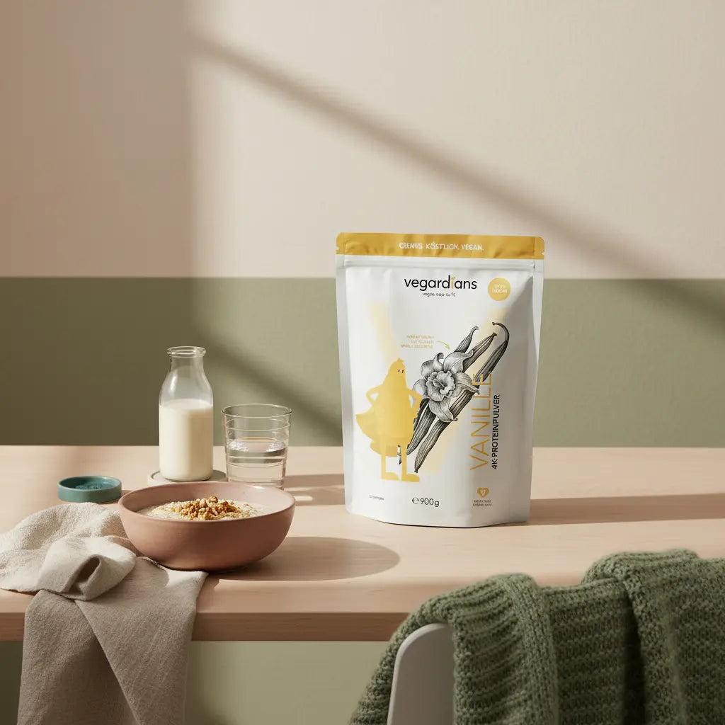 vegan abnehmen: Minimalistisches Frühstück mit Haferbrei, Sojadrink, Wasserglas und geschlossener Vanille-Protein-Dose auf nachhaltigem Holztisch im sanften Morgenlicht