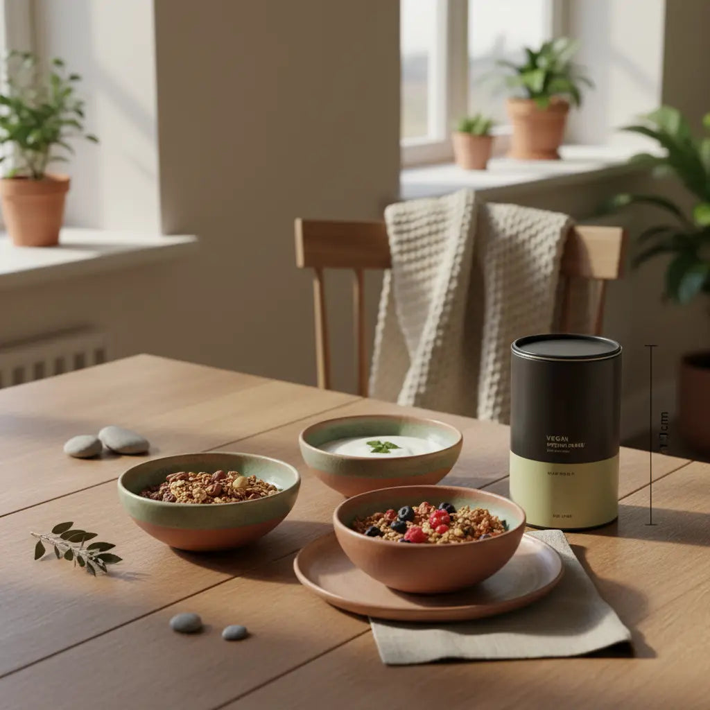 vegan zunehmen: Minimalistisches Frühstück mit Granola, pflanzlichem Joghurt, Nüssen und Shake auf nachhaltigem Holztisch in sanftem Morgenlicht.